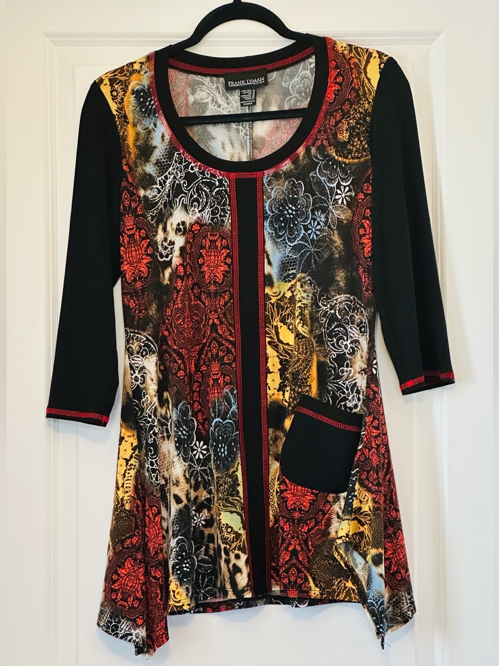 FRANK LYMAN Dress Boho Red Blue Black Multi Scoop Neck Like New Sz L
